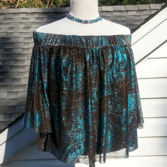 Sugarlips metallic blue bronze flowy off-the-shoulder top sz S - Picture 1 of 8